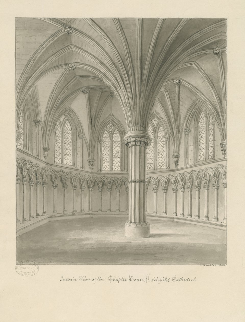 Innenraum der Kathedrale von Lichfield - Kapitelhaus: Sepia-Zeichnung von John Buckler