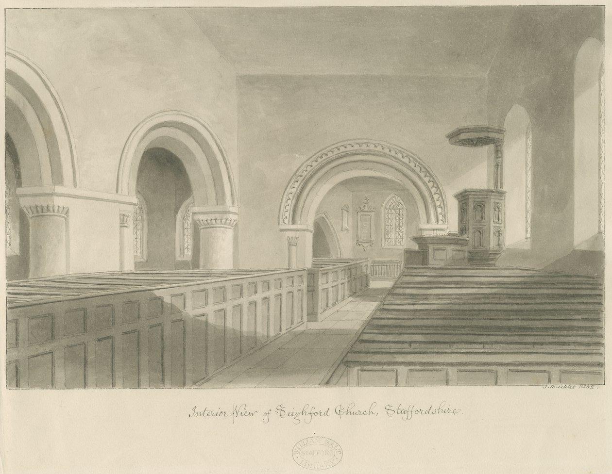 Innenraum der Kirche von Seighford von John Buckler