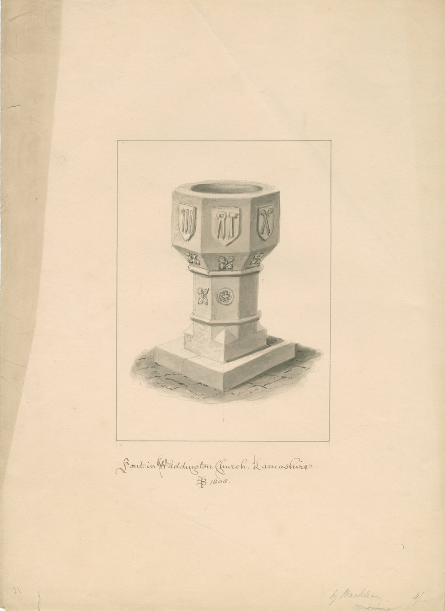 Lancashire - Waddington Kirche - Taufbecken: Sepiazeichnung, 1808 von John Buckler