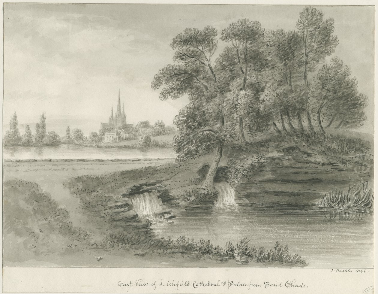 Lichfield Kathedrale - Ostansicht: Sepia-Zeichnung, 1844 von John Buckler