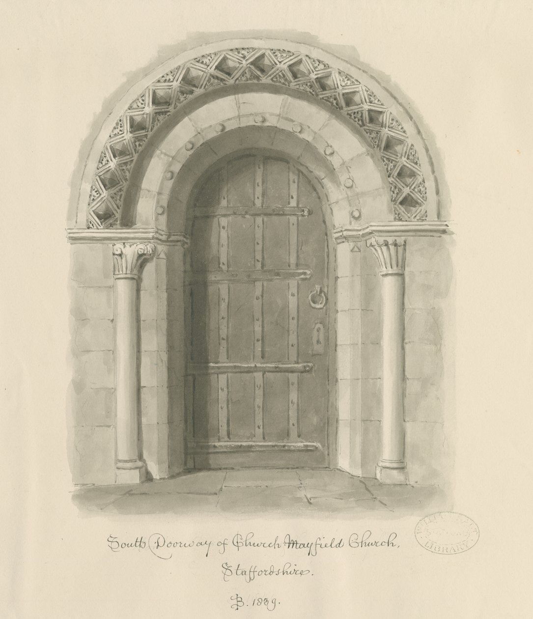 Mayfield Church - Südportal: Sepiawaschzeichnung, 1839 von John Buckler