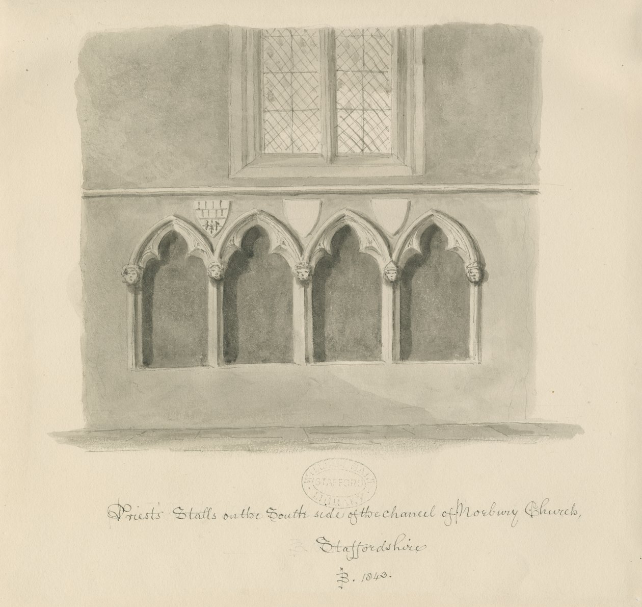 Norbury Church - Priesterstühle: Sepia-Waschzeichnung, 1843 von John Buckler