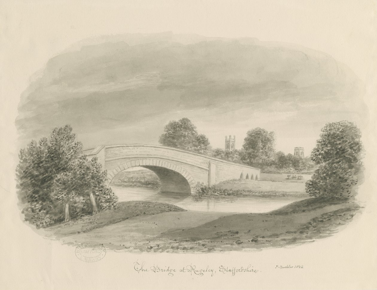 Rugeley Stadt - Brücke: Sepiazeichnung, 1842 von John Buckler