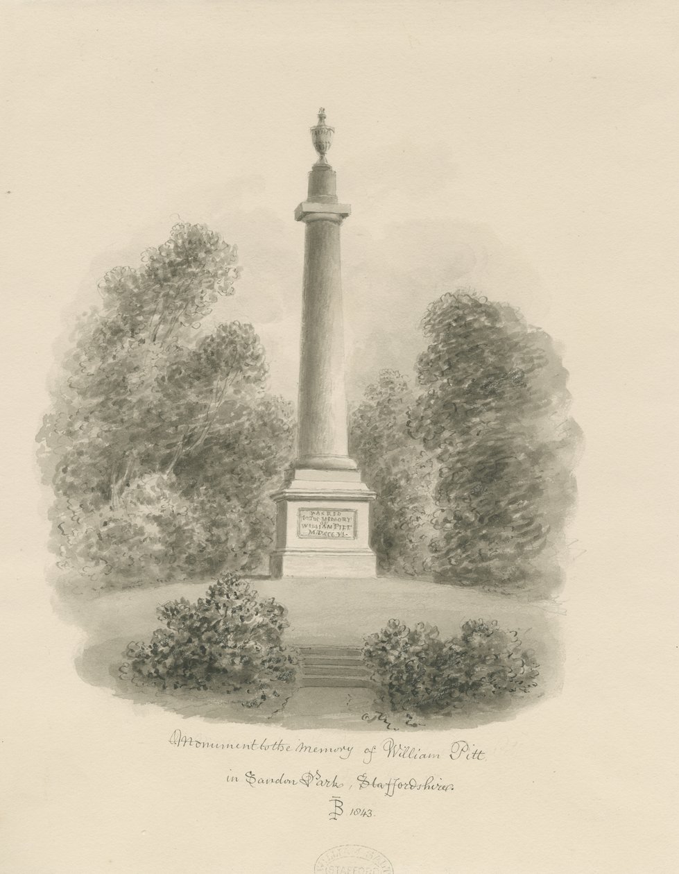 Sandon - Denkmal für William Pitt: Sepiazeichnung von John Buckler