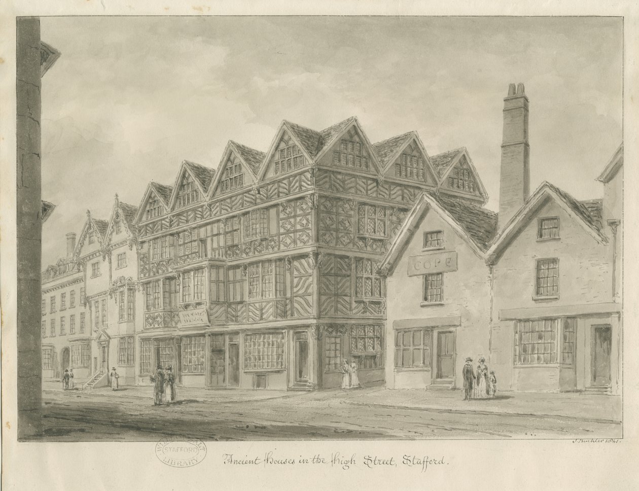 Stafford - Altes "High House": Sepiazeichnung, 1841 von John Buckler
