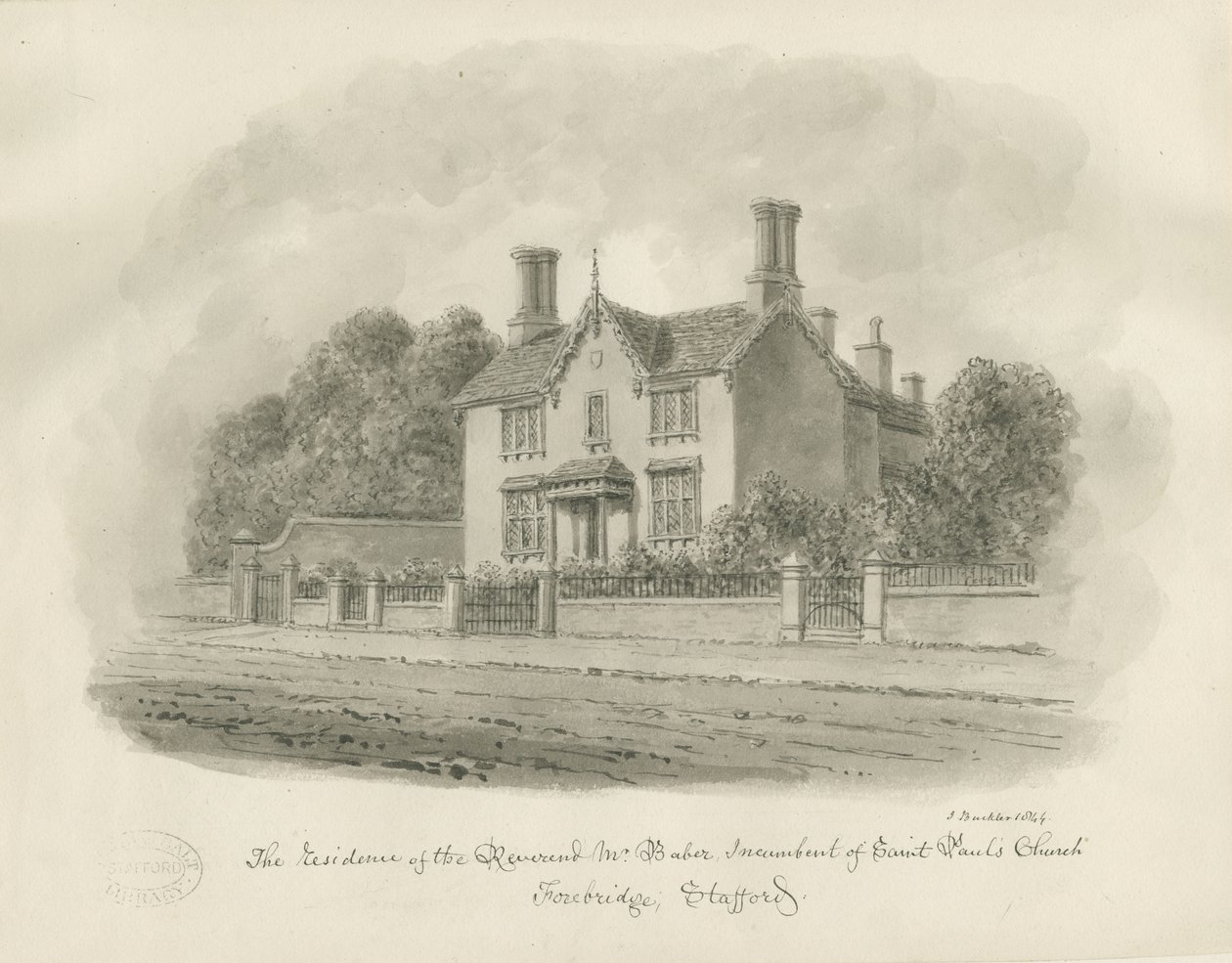 Stafford - Residenz von Reverend Baber: Sepiazeichnung, 1844 von John Buckler