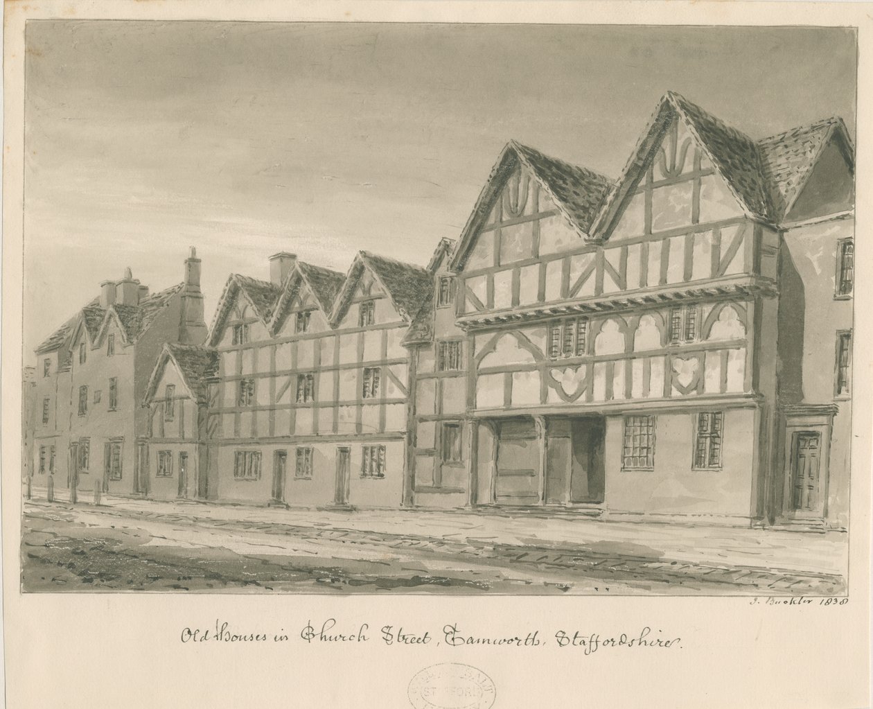 Tamworth - Alte Häuser in der Church Street: Sepiawaschzeichnung, 1838 von John Buckler