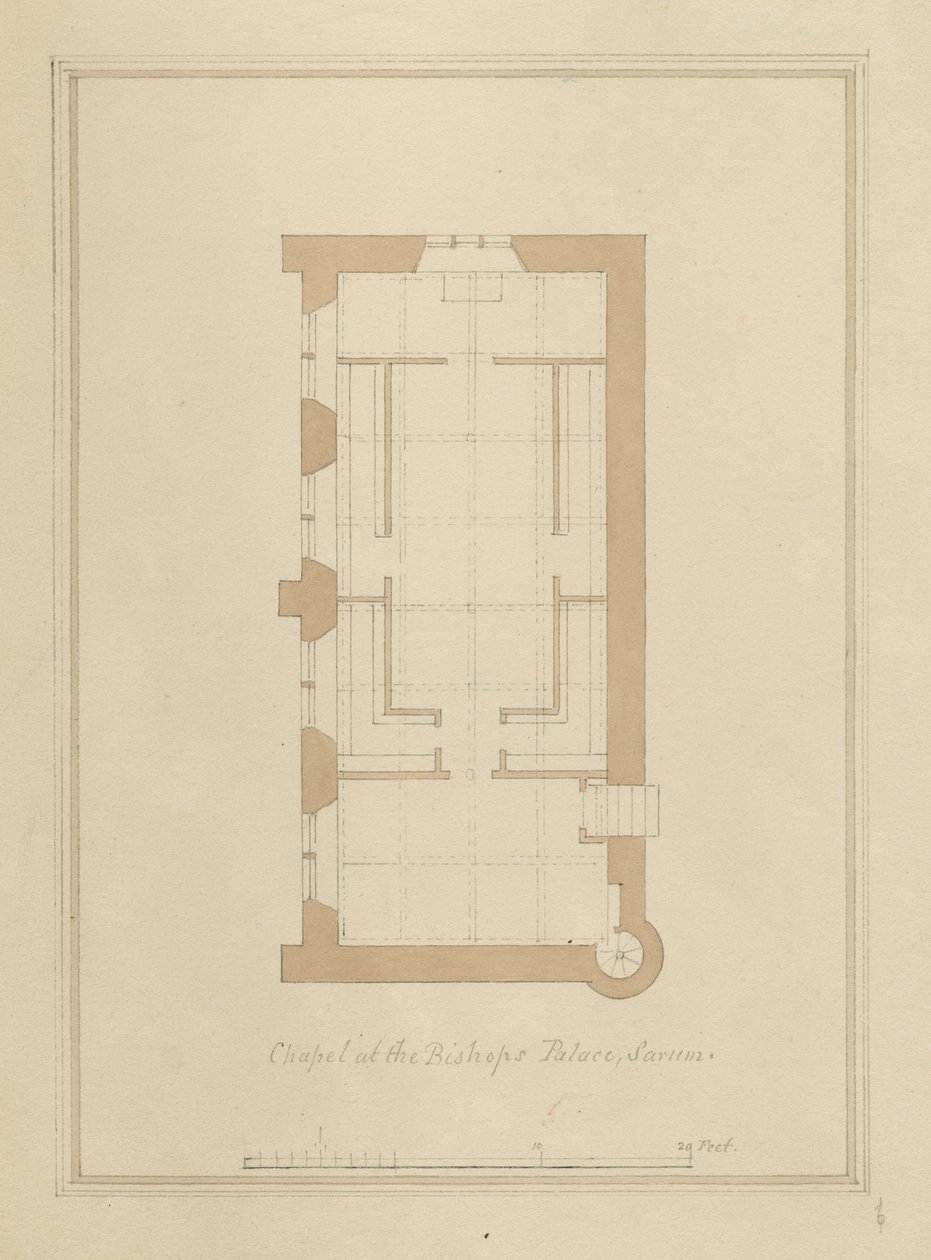 Wiltshire - Sarum - Plan des Bischofspalastes: kolorierte Sepia-Zeichnung von John Buckler