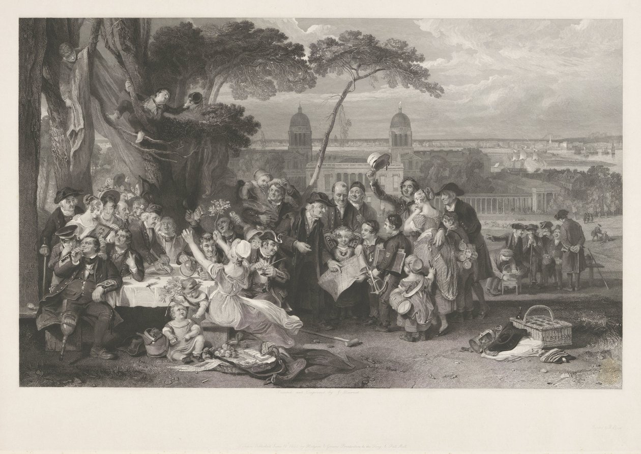Feiernde Gesellschaft in einem Park feiert den Sieg bei Trafalgar von John Burnet