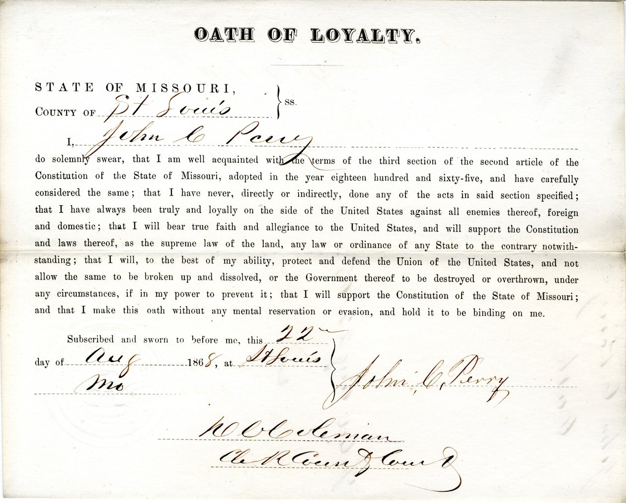 Loyalitätseid von John C. Perry aus Missouri, County of St. Louis von John C. Perry