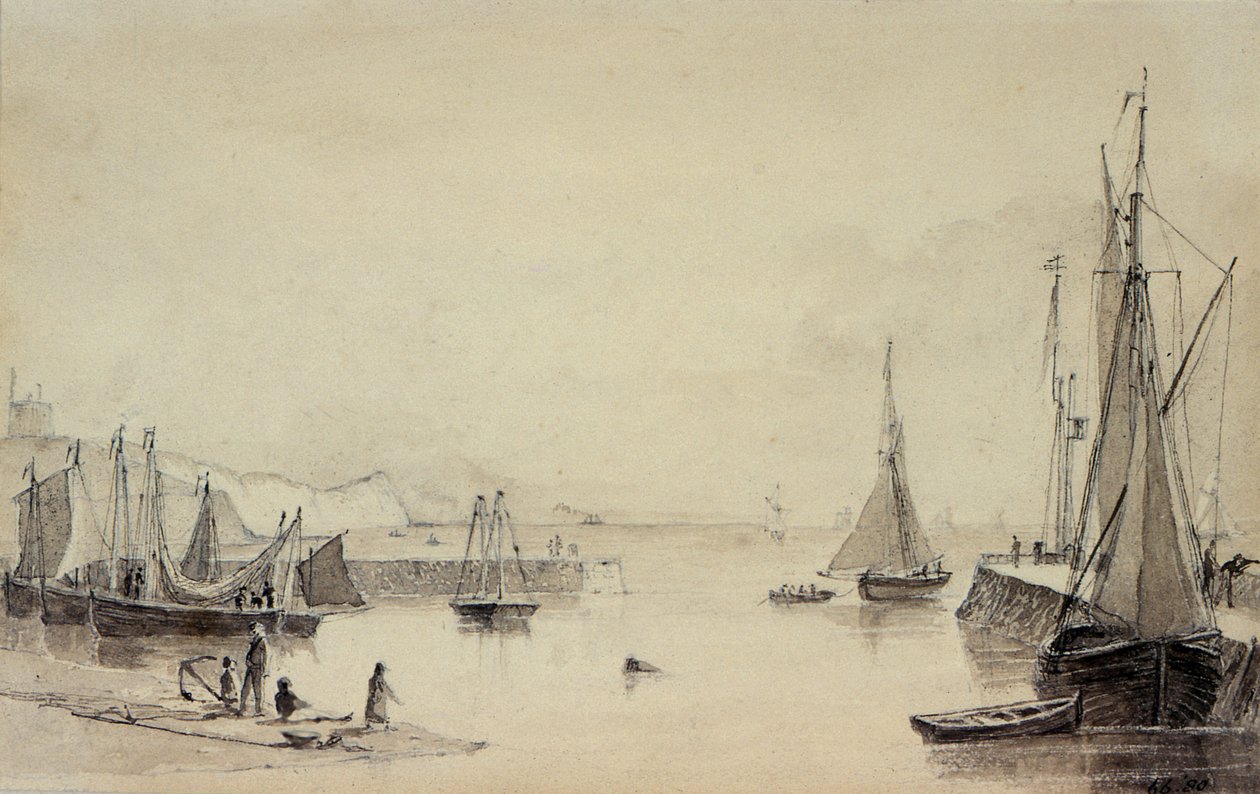 Hafen von Folkestone mit Schiffen, Shakespeares Klippe in der Ferne, 19. Jahrhundert von John Carpenter