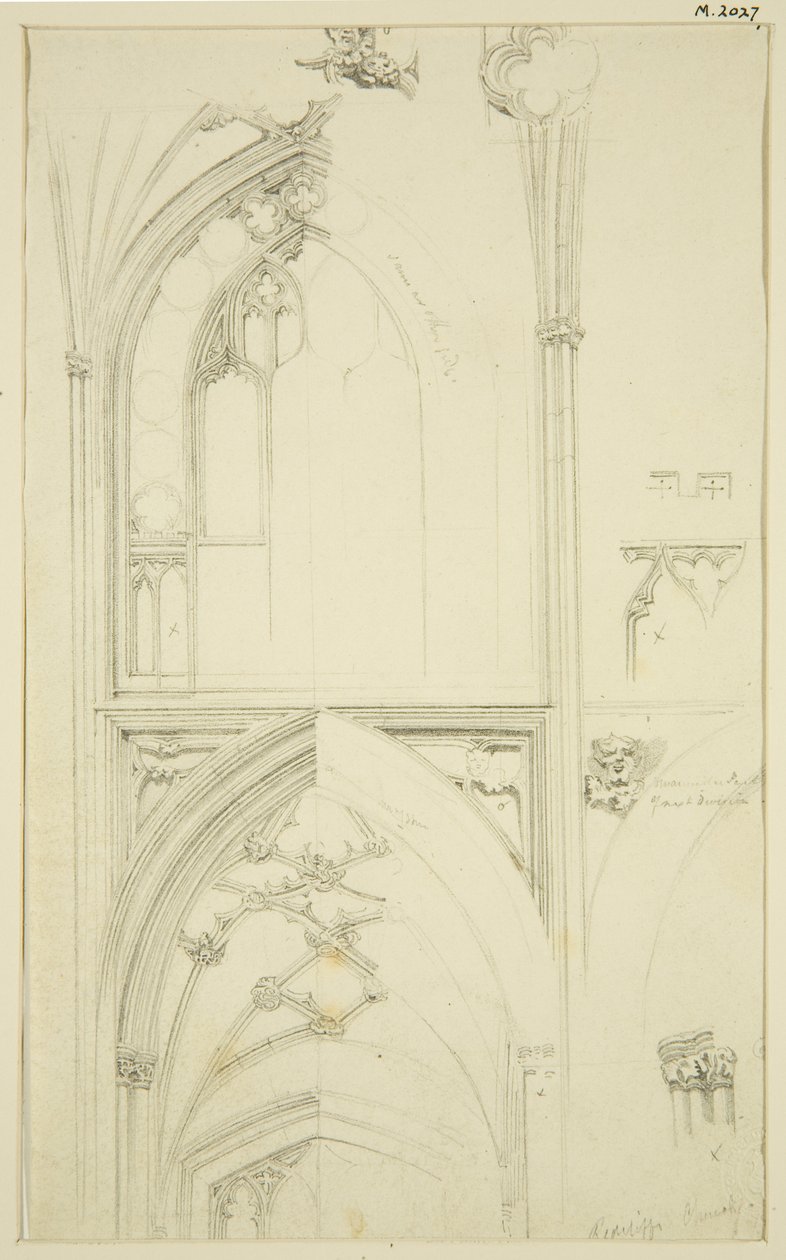 Details der Obergadenfenster-Tracery und des Gewölbes des darunterliegenden Seitenschiffs in St. Mary Redcliffe von John Carter