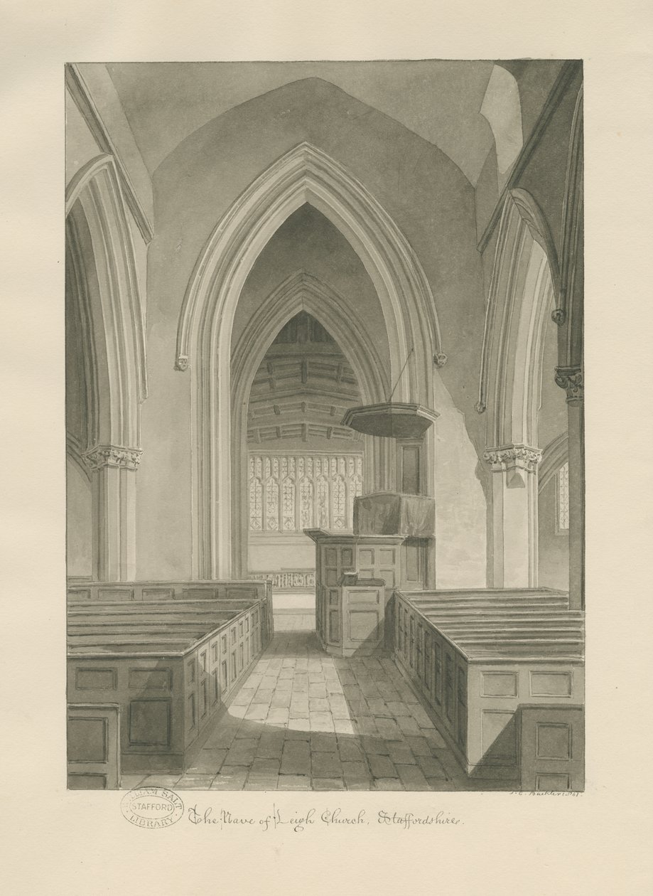 Innenraum der Leigh Church: Sepia-Zeichnung von John Chessell Buckler