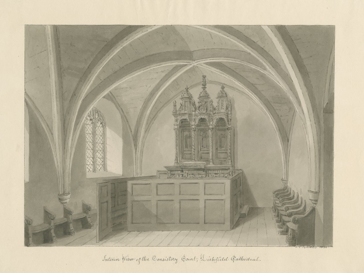 Innenraum der Kathedrale von Lichfield - Konsistorium: Sepia-Zeichnung von John Chessell Buckler