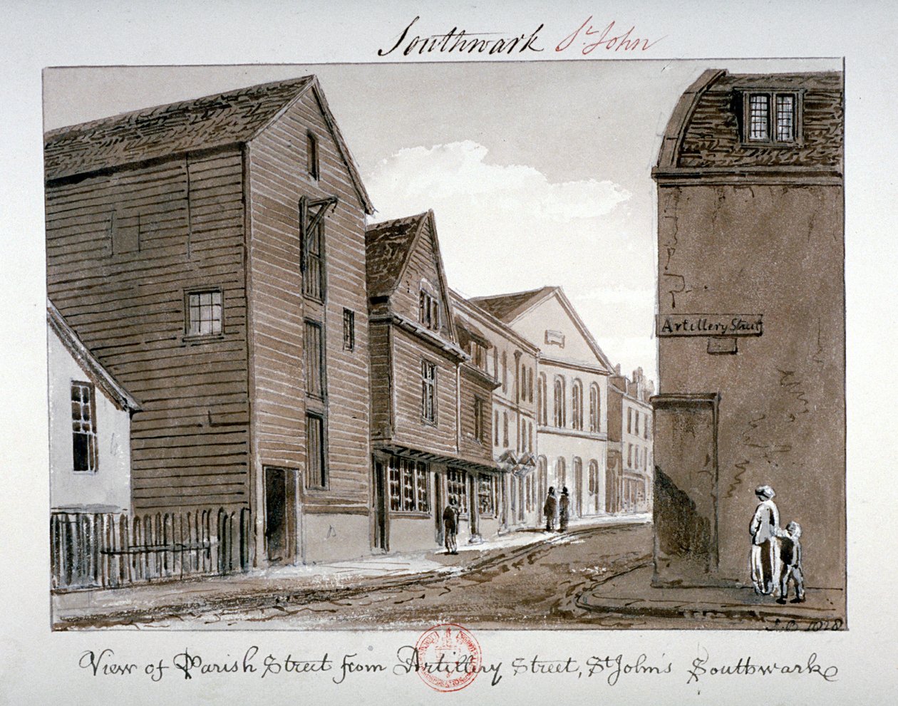 Ansicht der Parish Street und Artillery Street, Bermondsey, London, 1828 von John Chessell Buckler