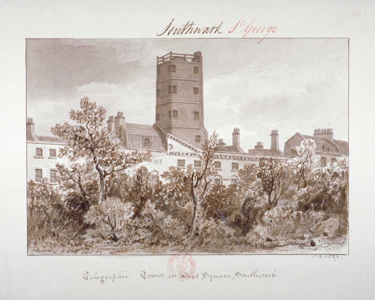 Ansicht des Telegrafenturms im West Square, Southwark, London, 1827 von John Chessell Buckler