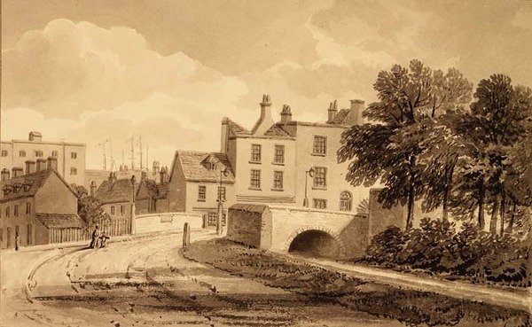 Ansicht der Mill Pond Brücke, Bermondsey von John Chessell Buckler