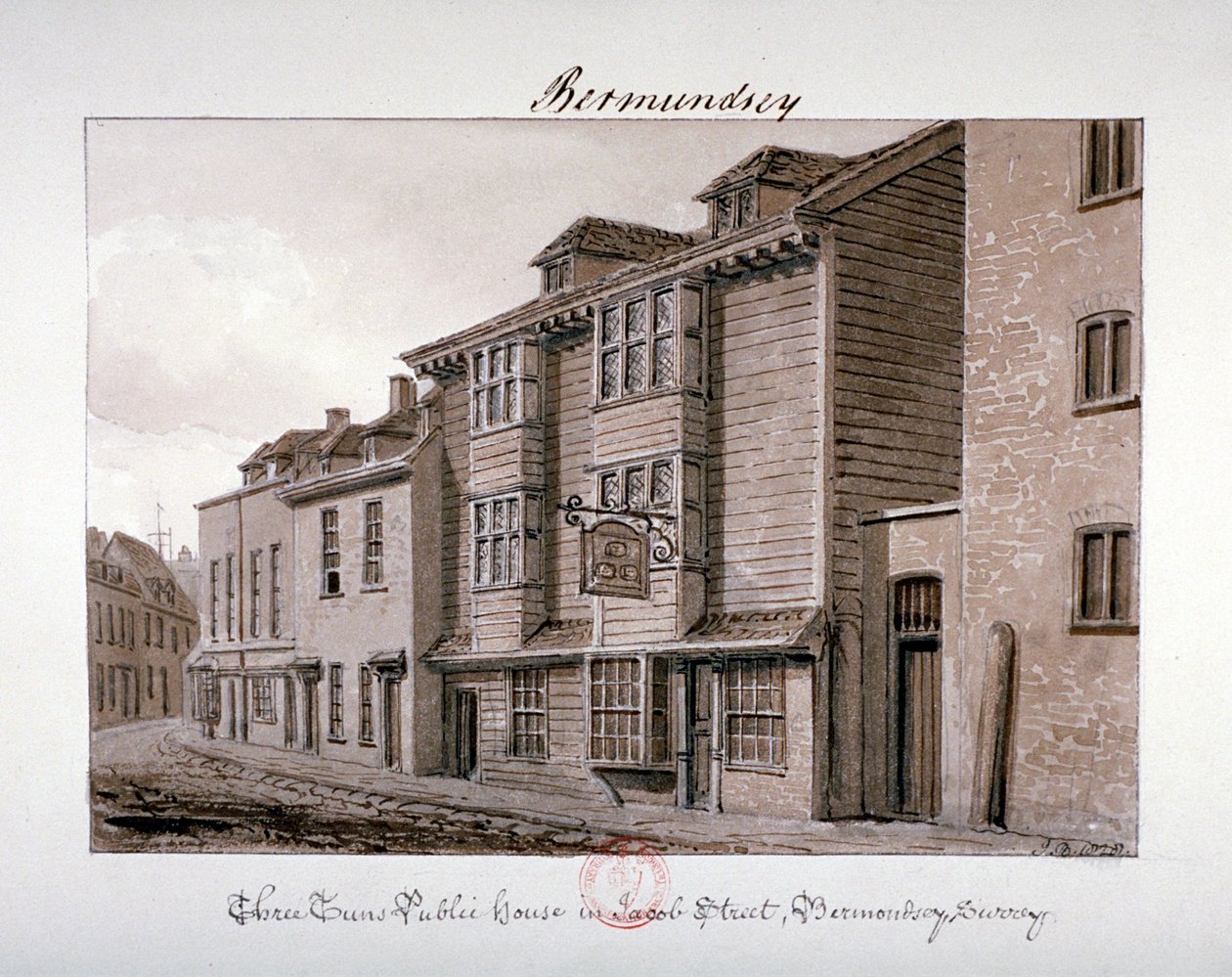 Ansicht des Three Tuns Gasthauses in der Jacob Street, Bermondsey, London, 1828 von John Chessell Buckler