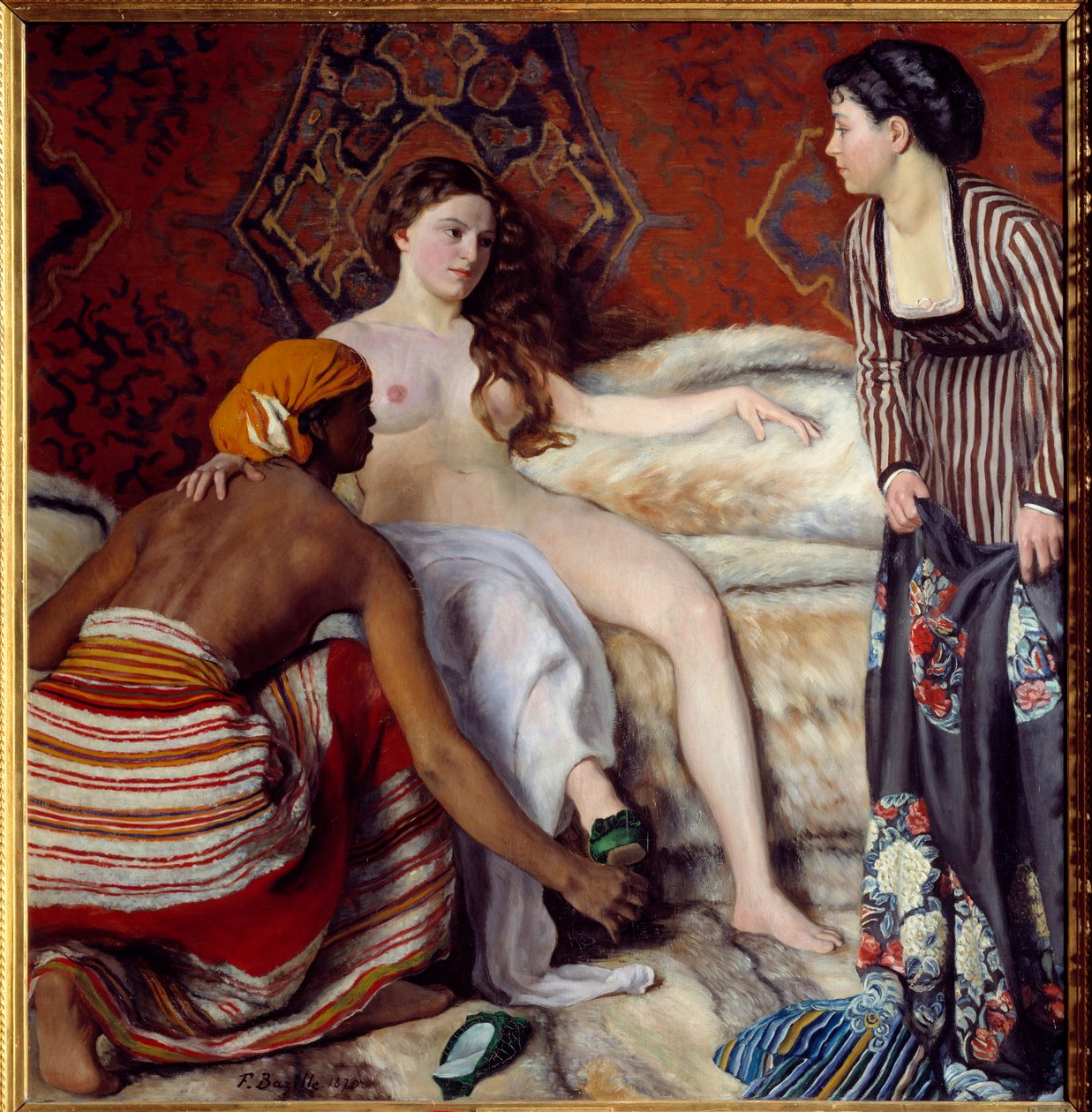 Orientalismus: Die Toilette Eine junge weiße Frau wird von ihren zwei Mägden bei der Toilette unterstützt. Gemälde von Frederic Bazille 1869 Montpellier, Musee Fabre von John Clayton Adams