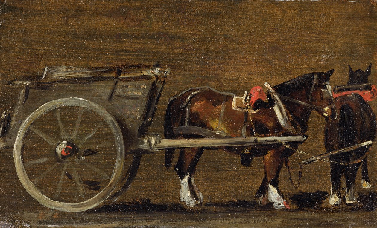 Ein Bauernwagen mit zwei Pferden im Geschirr: Eine Studie für den Wagen in 