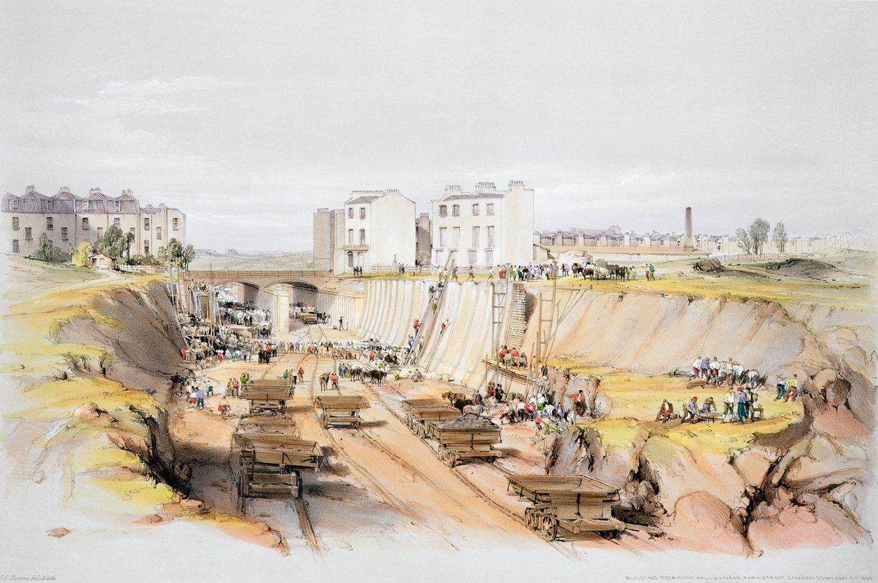 Bau der Stützmauer nahe Park Street, Camden Town, London, 17. September 1836-1838 von John Cooke Bourne