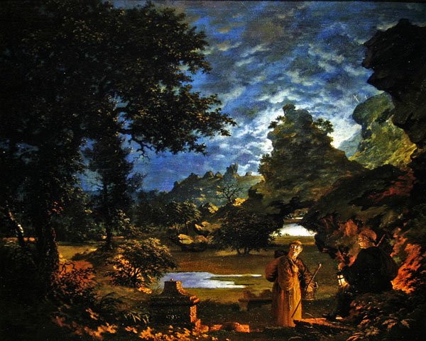 Mönche mit einer Laterne in einer felsigen mondbeschienenen Landschaft von John Cranch