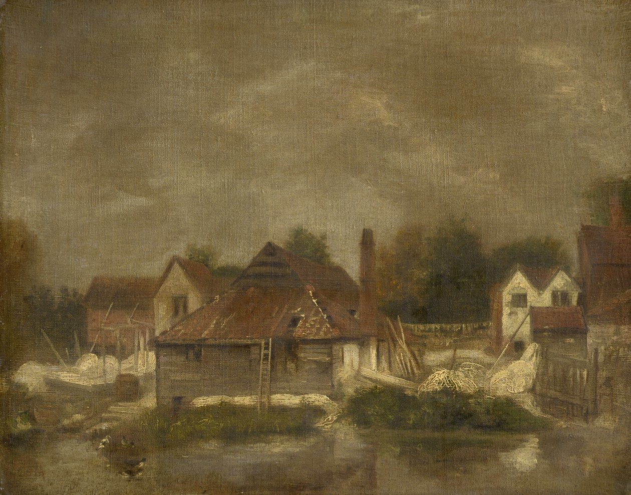 Schuppen und alte Häuser an der Yare, um 1803 von John Crome