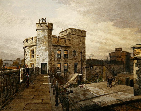 Ansicht des Devereux-Turms, Tower of London, mit Figuren in Militärkleidung von John Crowther
