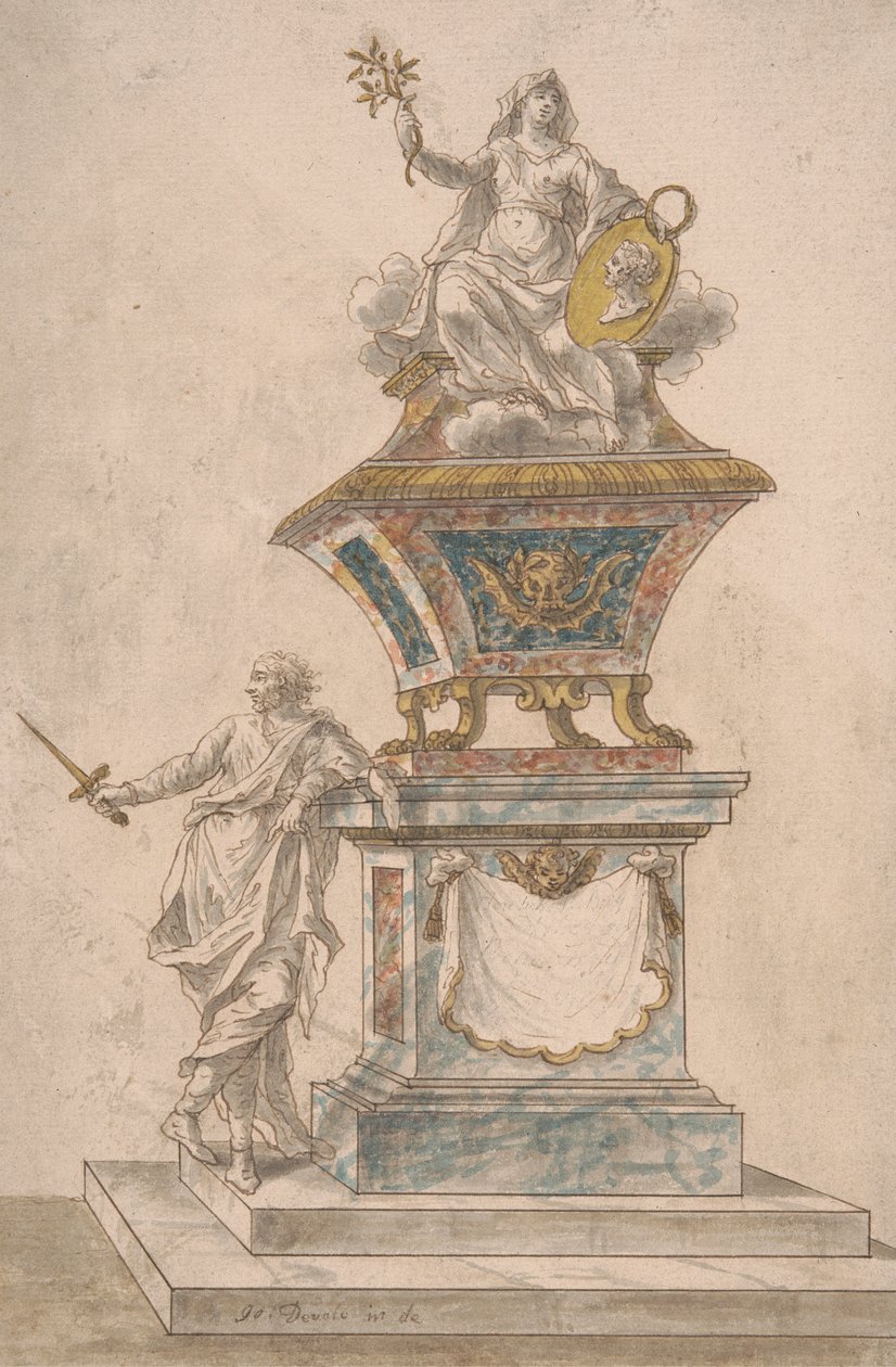 Denkmal: Frieden sitzt auf einer Urne, ein Mann mit gezogenem Schwert steht auf dem Sockel des Denkmals von John Devoto