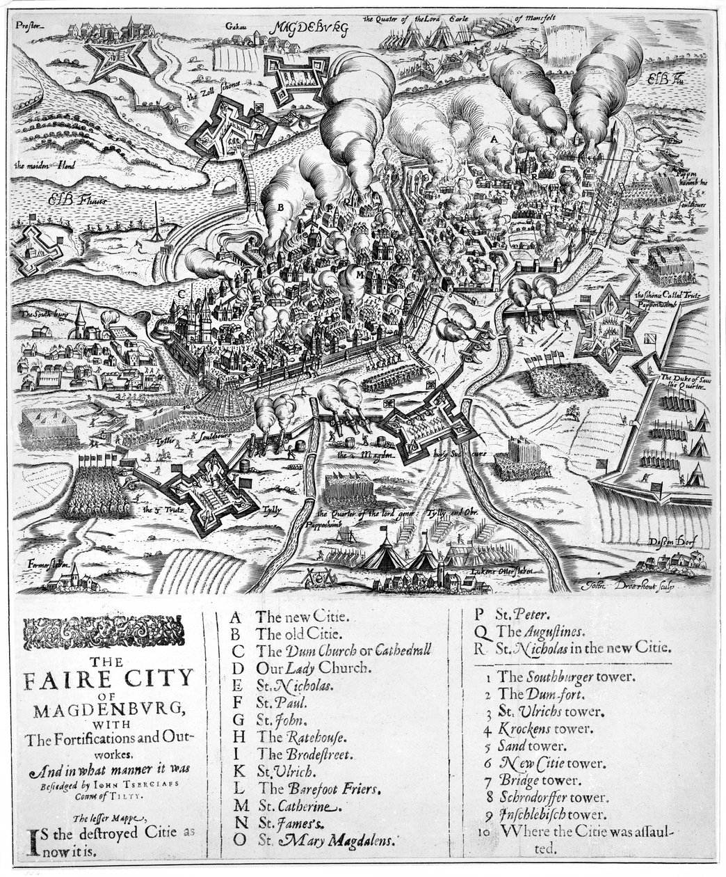 Die schöne Stadt Magdeburg mit den Befestigungen und Außenwerken. Und wie sie von Johann Tserclaes Graf von Tilly belagert wurde, 1631 von John Droeshout