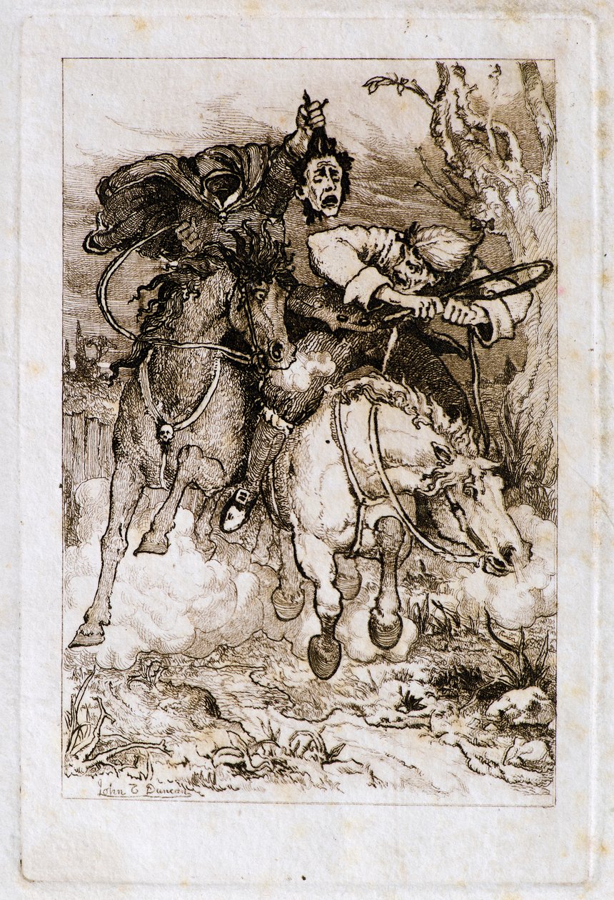 Zwei galoppierende Reiter [einer trägt seinen eigenen Kopf] von John Duncan