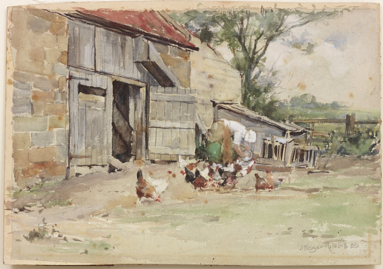 Hühner füttern, 1909 von John Edgar Mitchell
