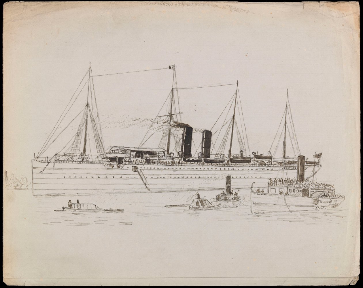 PAH1225; Dampfschiff in Küstennähe mit Schlepper daneben. Passagierschiff mit Schlepper und Raddampfer Tilbury in der Nähe von John Everett