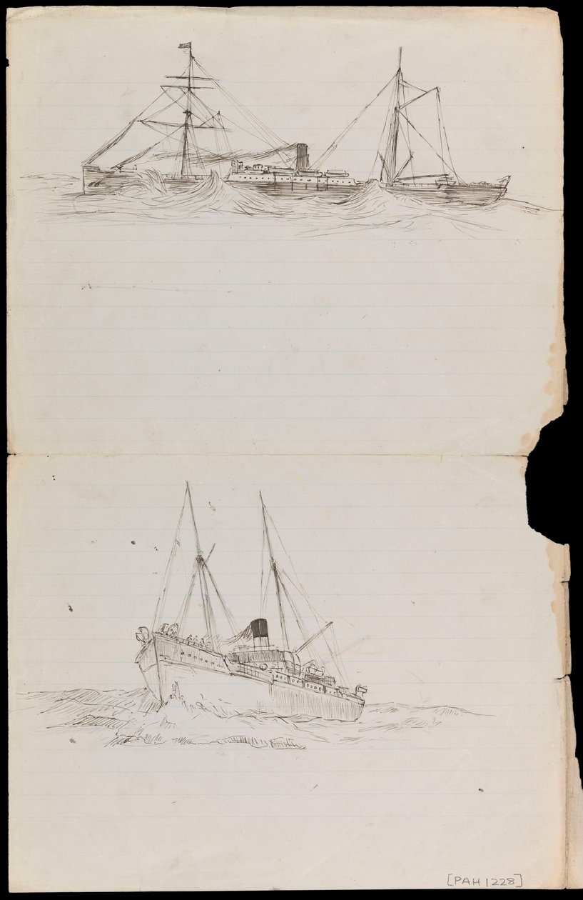 Skizzen eines Schlachtschiffs und zweier anderer Schiffe der Royal Navy von John Everett
