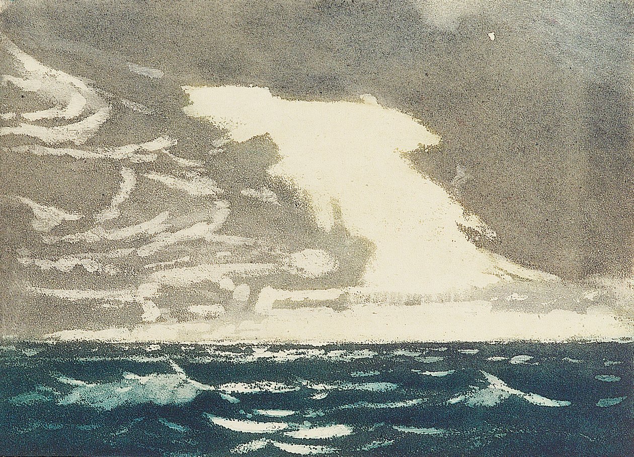 Meereslandschaft - grünes Meer und stürmischer blau-grauer Himmel 2, 20. Jahrhundert (Farb-Aquatinta) von John Everett