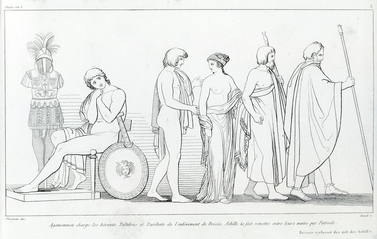 Agamemnon beauftragte die Herolde Taltibius und Euribat mit der Entführung von Briseis; Achilles ließ sie von Patroklos übergeben. Zeichnung von John Flaxman (1755 - 1826). Homers Ilias. Gesang I von John Flaxman