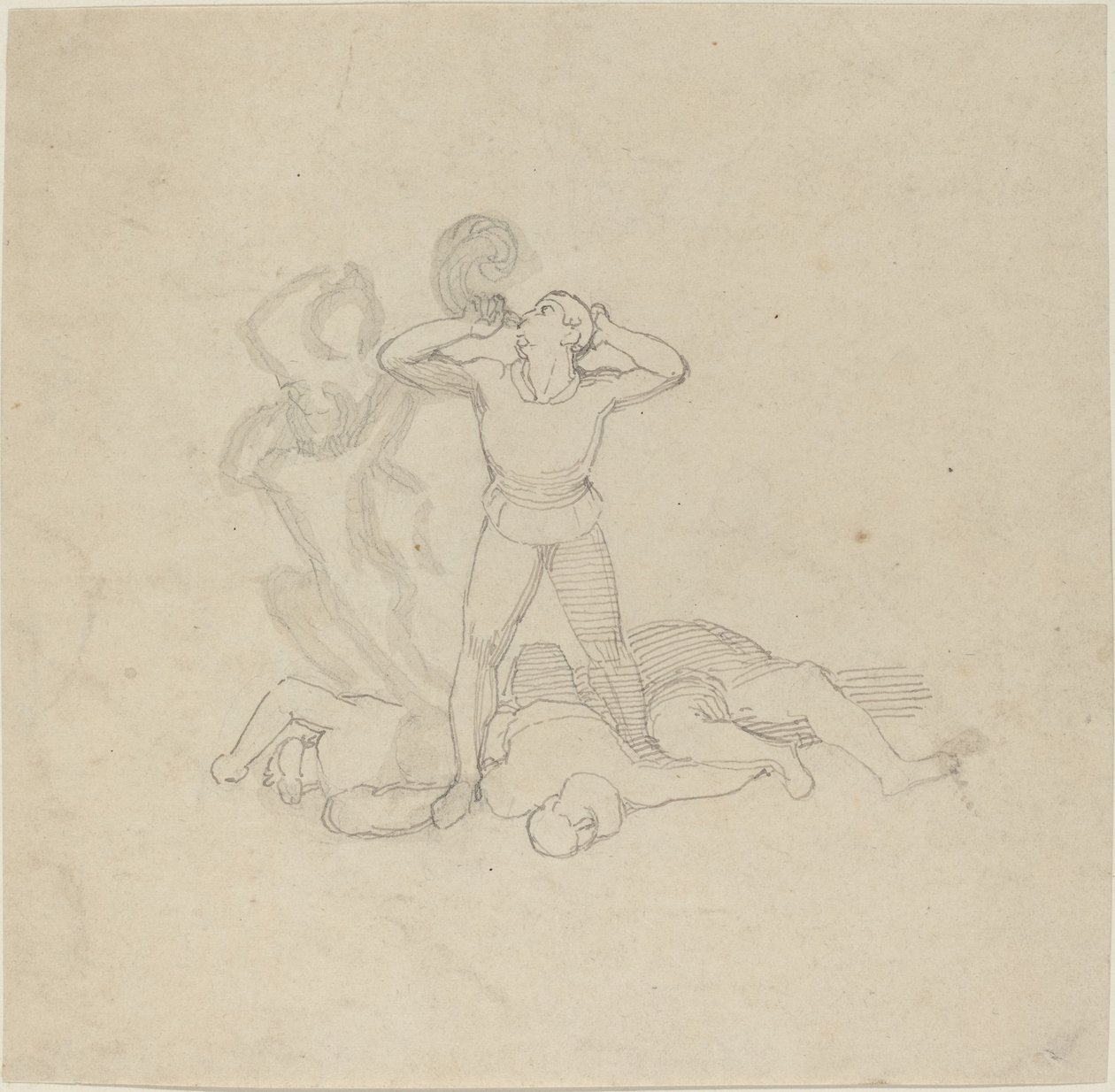 Figur, die über Leichen steht und ein Horn bläst von John Flaxman