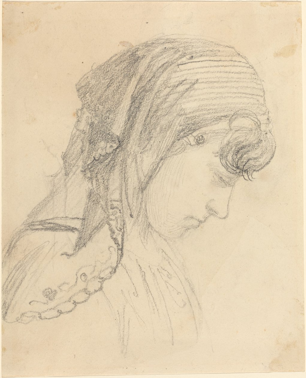 Kopf einer Frau in einem Schal, nach unten blickend von John Flaxman