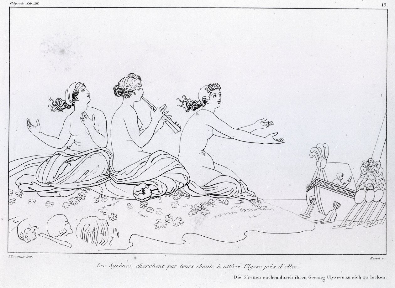 Sirenen versuchen mit ihrem Gesang, Odysseus anzulocken. Zeichnung von John Flaxman (1755 - 1826). Homers Odyssee. Lied XII. von John Flaxman