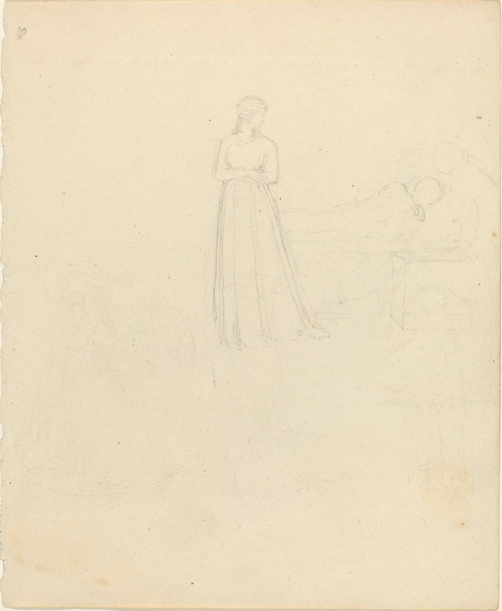 Stehende weibliche Figur, die auf liegende und sitzende Figuren schaut von John Flaxman