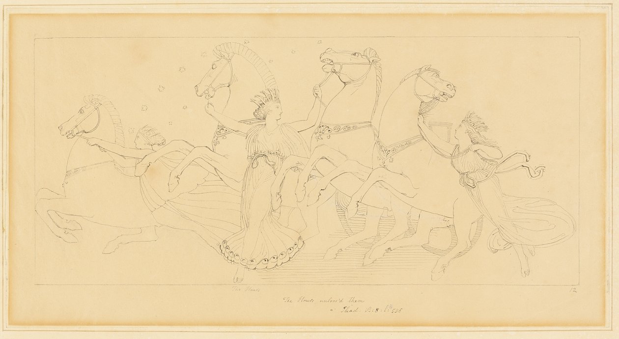 Die Stunden nehmen die Pferde aus Junos Wagen von John Flaxman