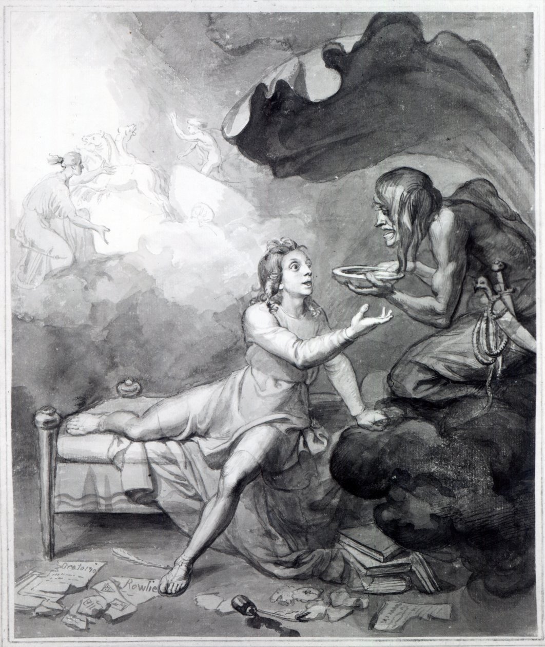 Thomas Chatterton erhält eine Schale Gift von Verzweiflung (Feder, Tinte und Waschung auf Papier) von John Flaxman