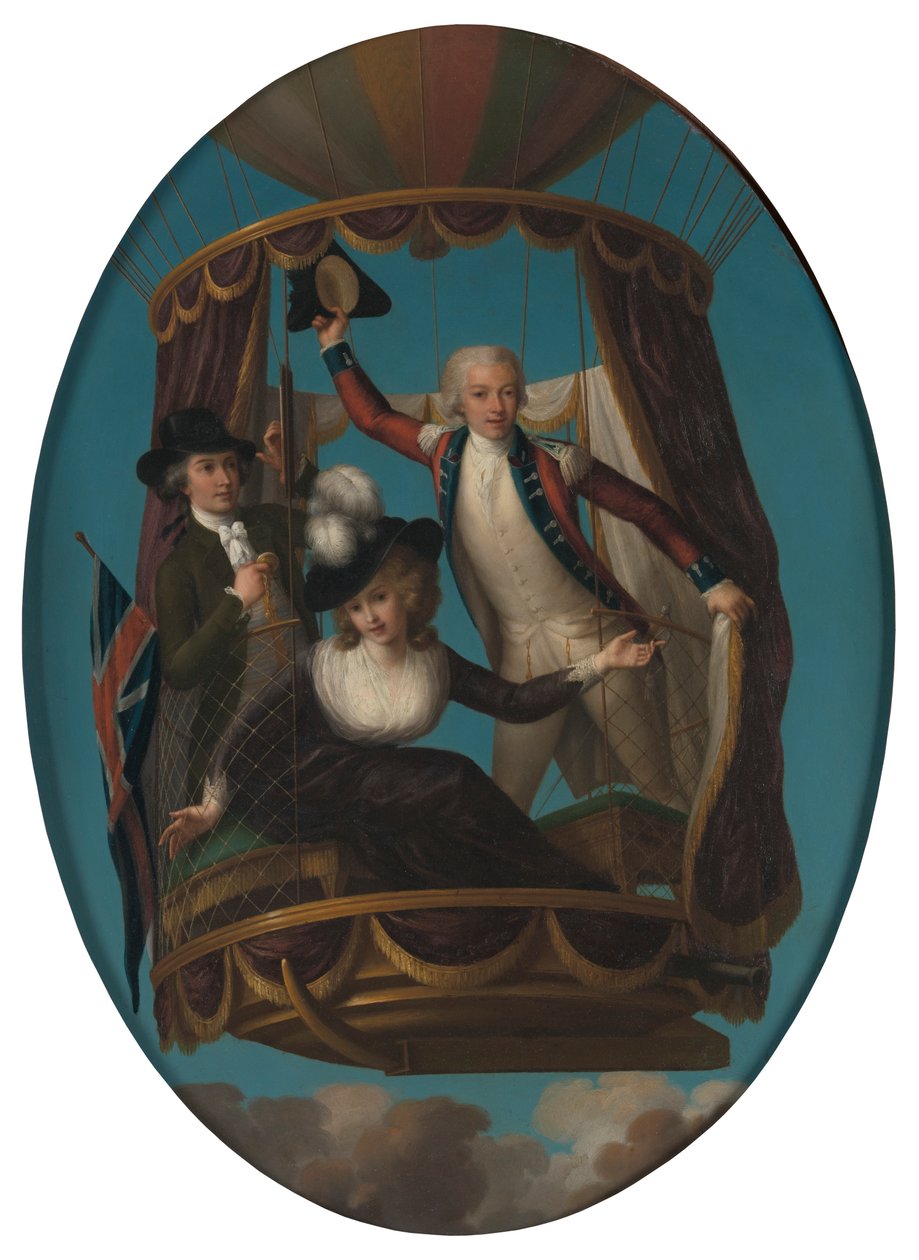 Kapitän Vincenzo Lunardi mit seinem Assistenten George Biggin und Mrs. Letitia Anne Sage in einem Ballon von John Francis Rigaud