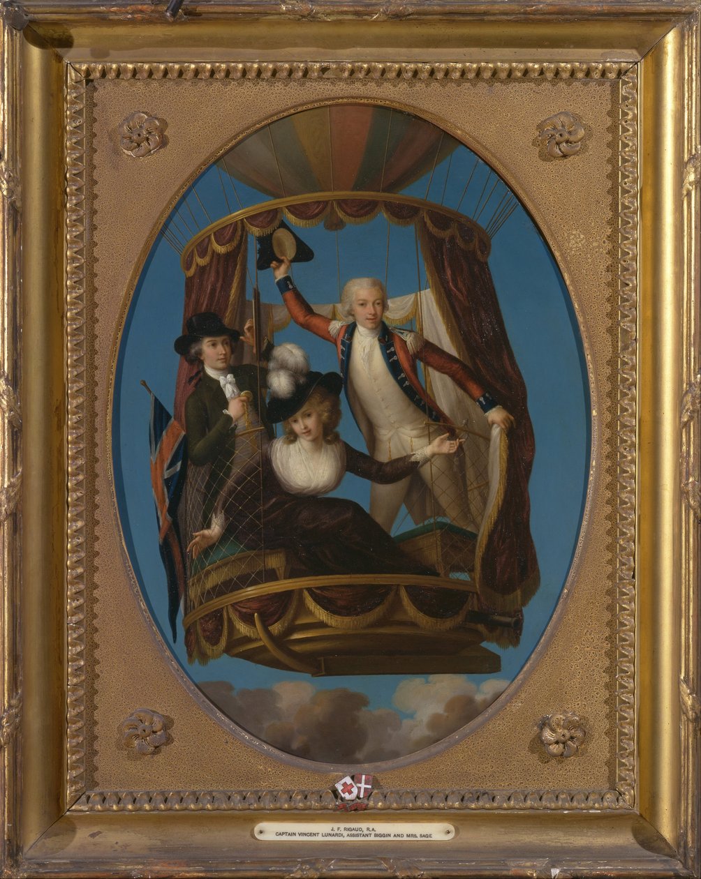Kapitän Vincenzo Lunardi mit seinem Assistenten George Biggin und Frau Letitia Anne Sage in einem Ballon von John Francis Rigaud