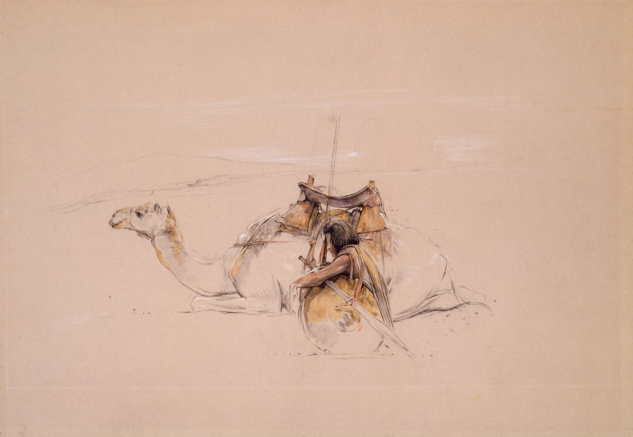 Ein Bisharin-Araber bei seinem Kamel von John Frederick Lewis