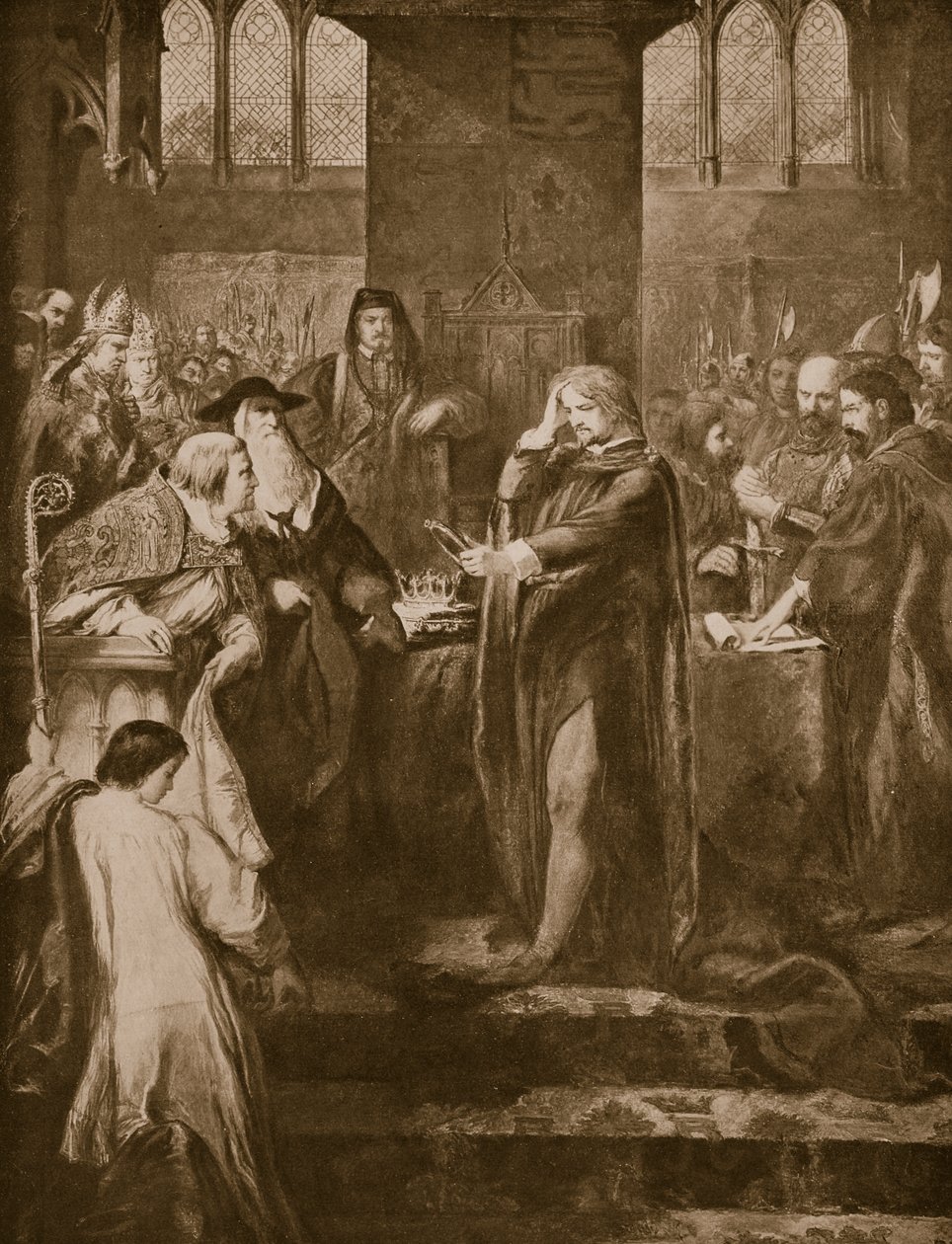 König Richard II. übergibt die Krone an seinen Cousin Bolingbroke, Illustration aus 