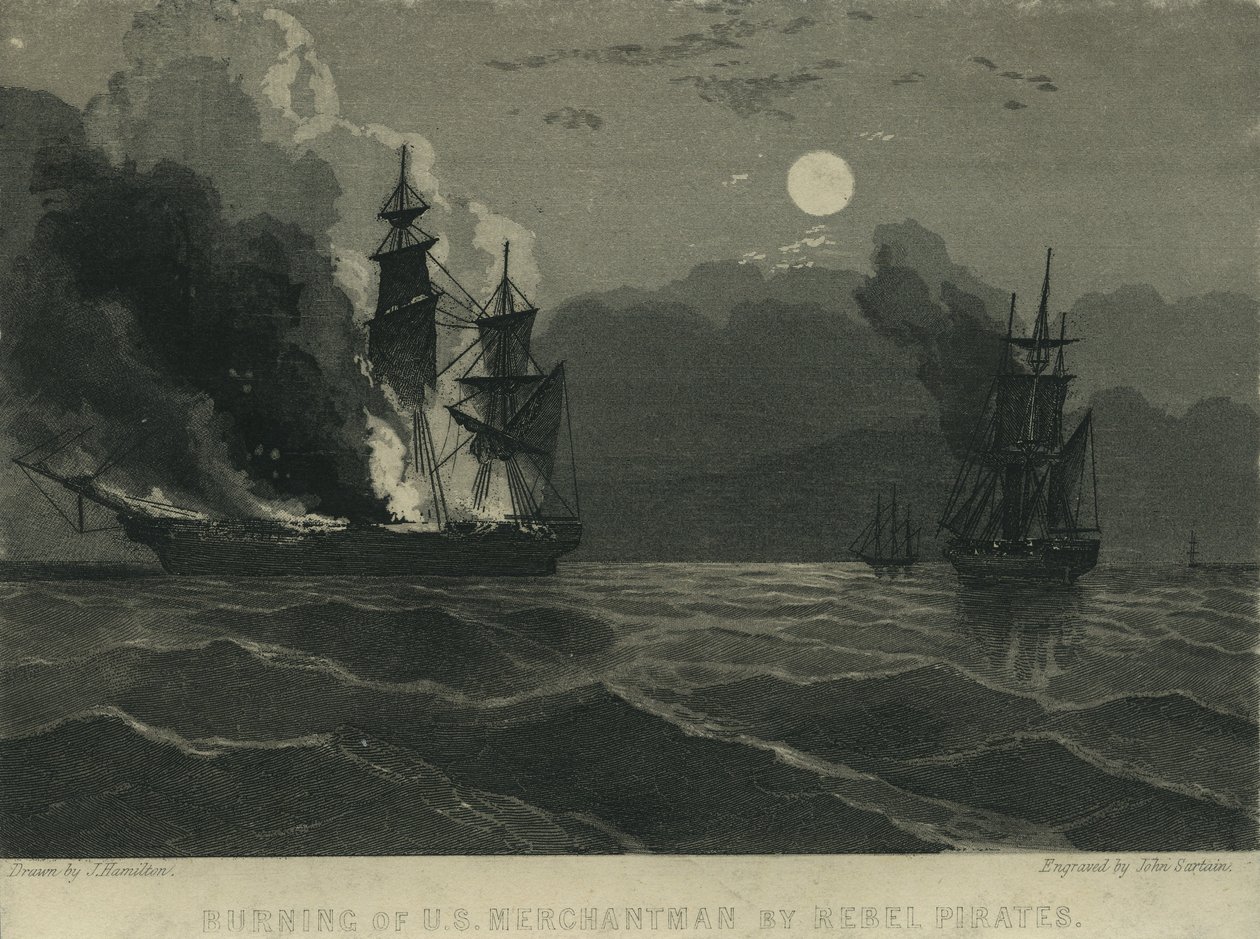 Verbrennung eines US-Handelsschiffs durch Rebellenpiraten, 1865 von John Hamilton