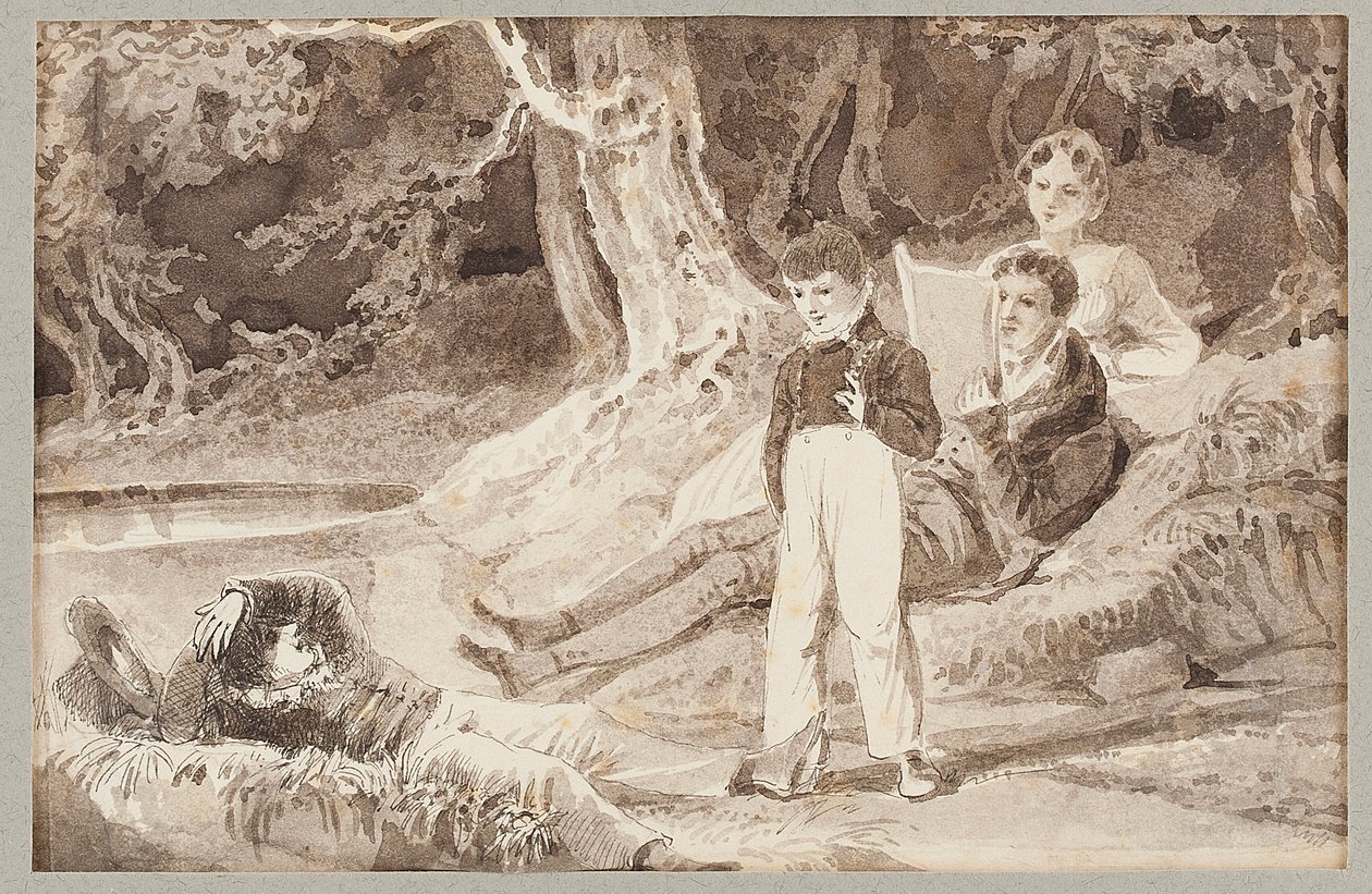 Vier Figuren unter den Bäumen an einem heißen Tag, 1807 von John Harden