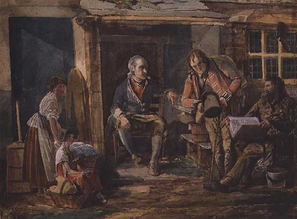 Gruppe einschließlich eines Soldaten vor einer Hüttentür von John Harden
