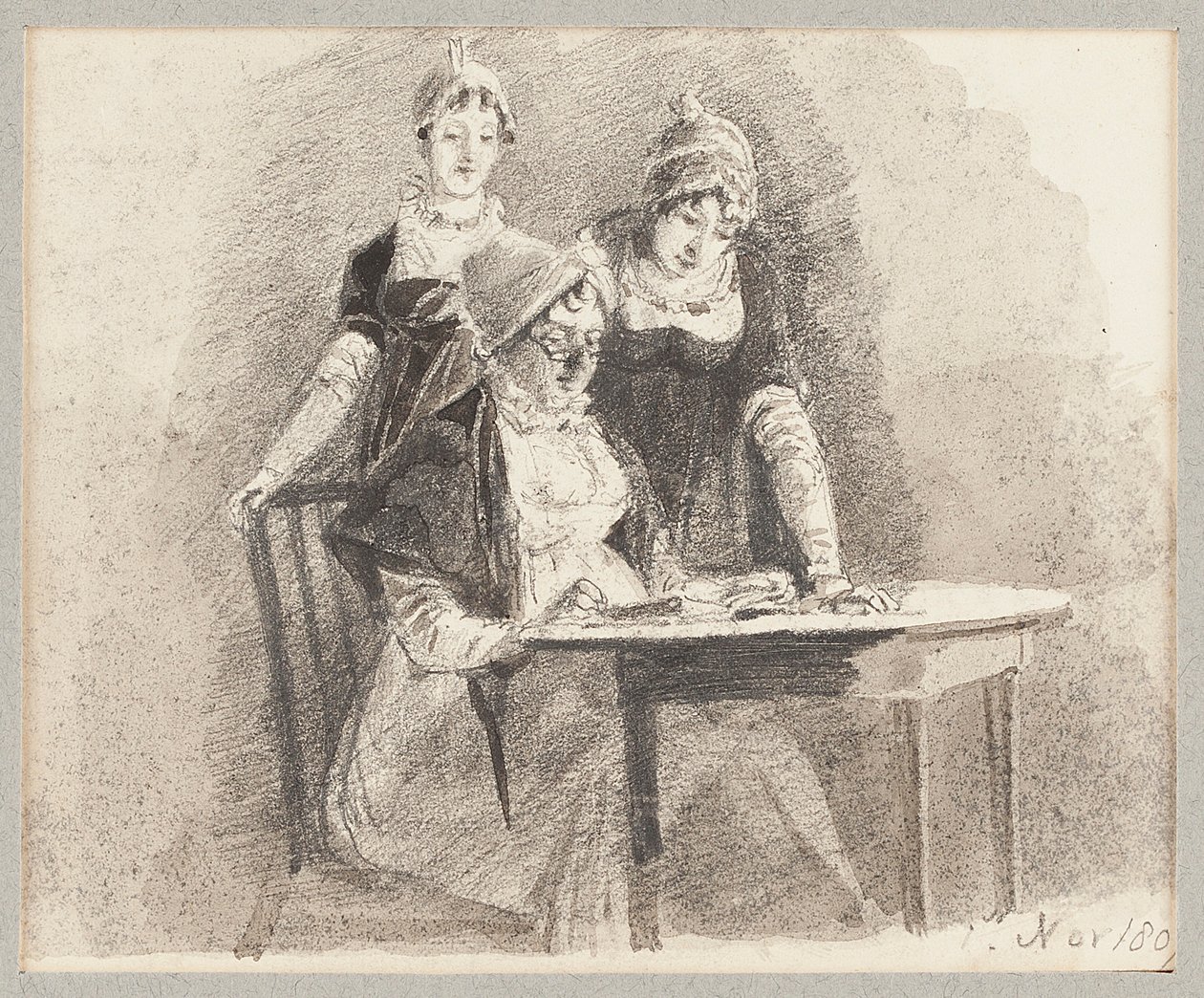 Drei an einem Tisch, einer sitzt, 1807 von John Harden